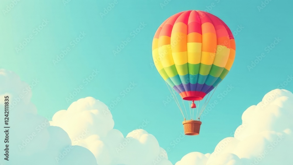 Naklejka premium Rainbow cartoon air balloon transport in the sky, copy space