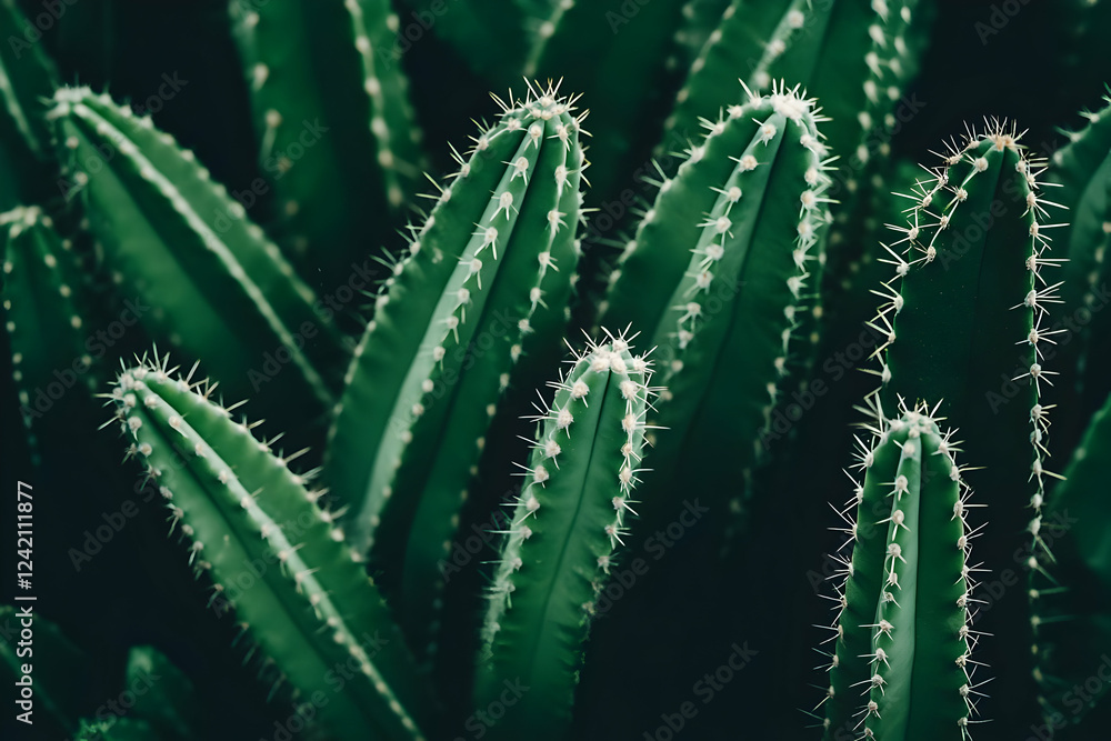 Fototapeta premium Lush green cacti garden, dark background, nature texture, design element