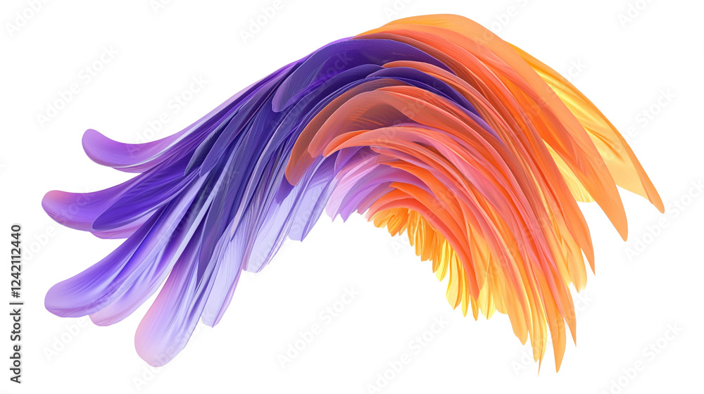 Fototapeta premium Vibrant Purple and Orange Carrot Ribbon Wings with Feather-like Structure Isolated on White Background
