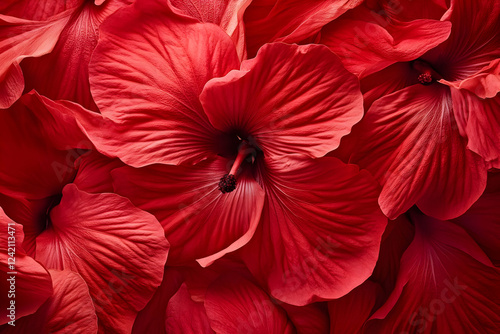 Red hibiscus flowers close-up, studio shot, textured background, floral design