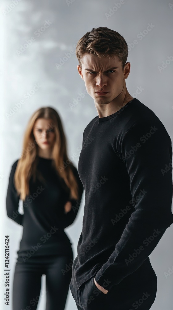 Angry Couple in Black Attire, Tense Relationship Angry Couple in Black Attire, Tense Relationship