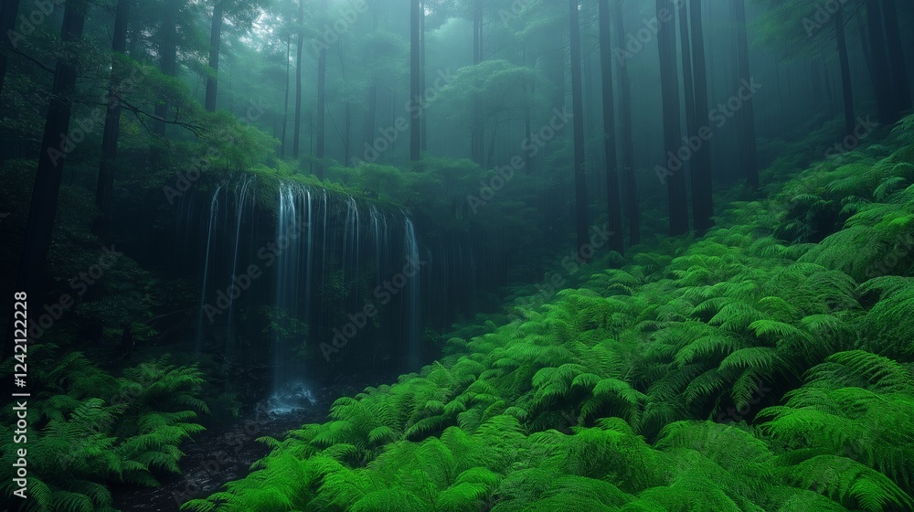 Fototapeta premium Serene waterfall cascading through lush ferns in enchanting forest nature photography tranquil atmosphere