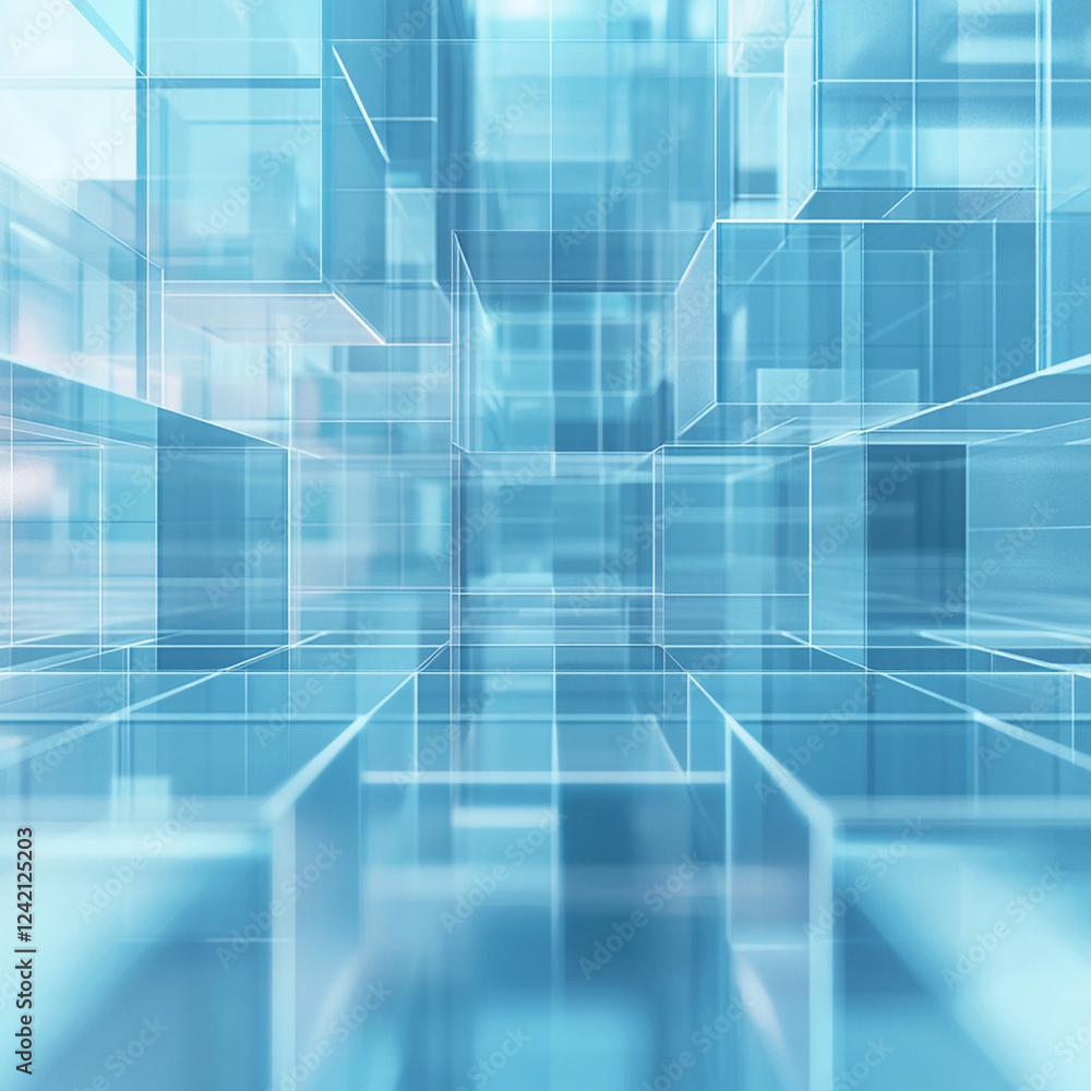 Abstract high-tech cityscape with towering glass buildings and a futuristic blue-tinted skyline, reflecting ambient light in an urban digital environment Abstract high-tech cityscape with towering glass buildings and a futuristic blue-tinted skyline, reflecting ambient light in an urban digital environment