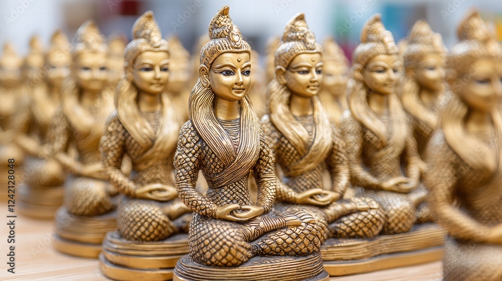 Detailed Golden Buddhist Statues Arranged in a Beautiful Display Detailed Golden Buddhist Statues Arranged in a Beautiful Display