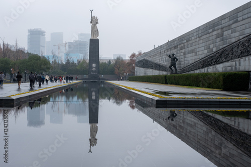 Memorial pool and visitor pathway, Nanjing, China, December 22, 2019