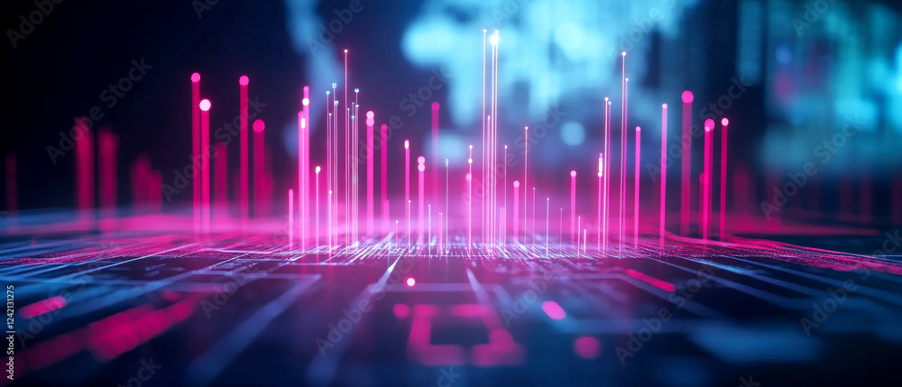 A vibrant digital landscape showcases rising data points in pink and blue hues, symbolizing technological growth and innovation. A vibrant digital landscape showcases rising data points in pink and blue hues, symbolizing technological growth and innovation.