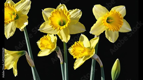 Yellow daffodils bloom, studio shot, black background, spring greeting card