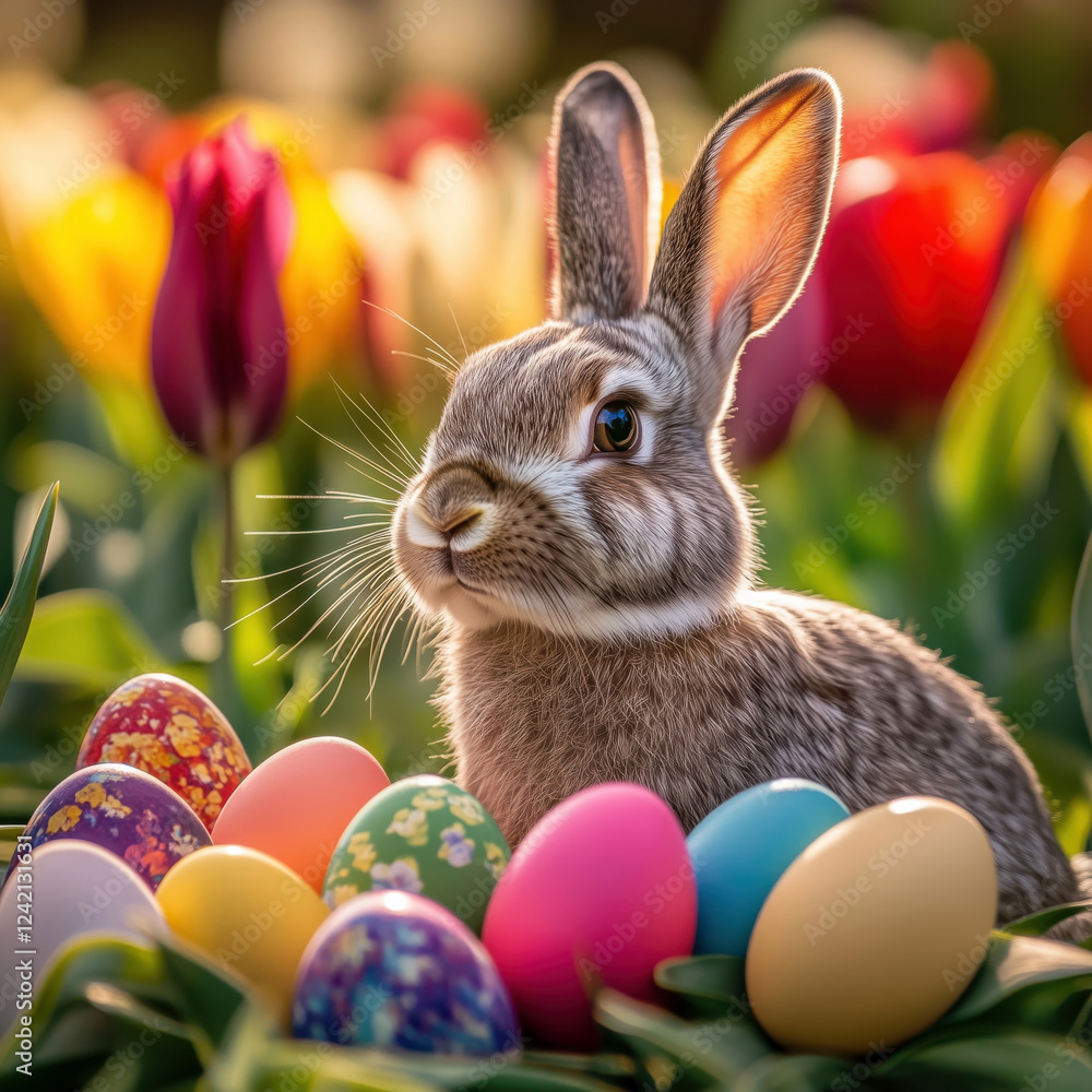 Easter bunny sitting next to colorful eggs and surrounded by tulips in the garden Easter bunny sitting next to colorful eggs and surrounded by tulips in the garden