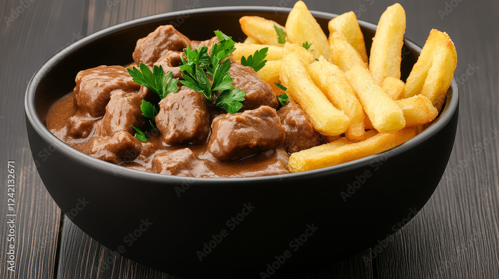 Tender stoofvlees chunks simmered in rich gravy served with crispy fries on a rustic wooden table Tender stoofvlees chunks simmered in rich gravy served with crispy fries on a rustic wooden table