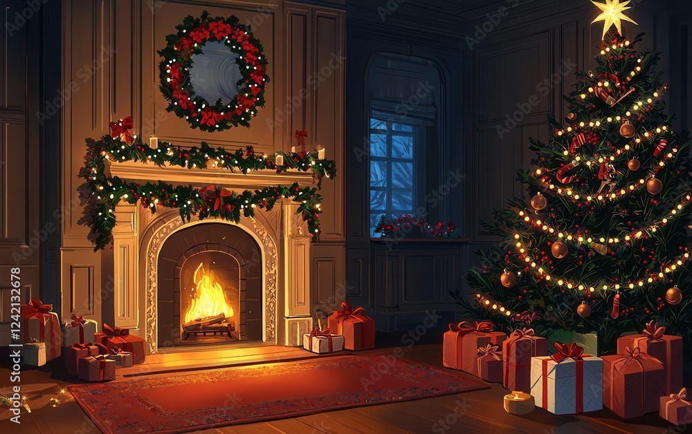 A cozy Christmas setting featuring a decorated tree, gifts, a warm fireplace, and festive wreaths, creating a welcoming holiday atmosphere.