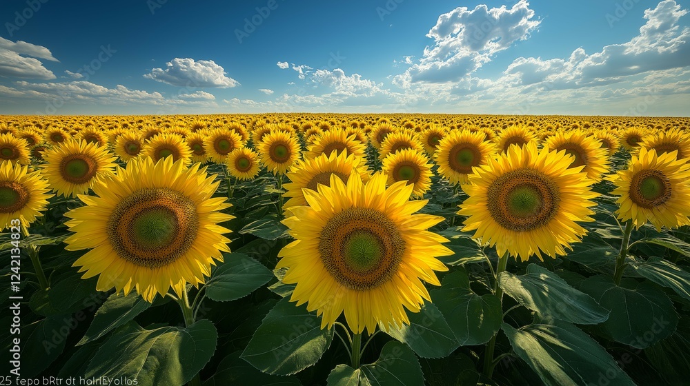 Fototapeta premium Vibrant sunflower field blooming under blue sky rural landscape nature photography scenic view floral beauty