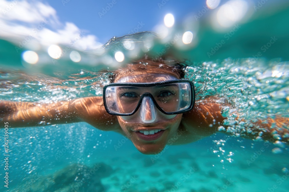 Naklejka premium A cheerful child is snorkeling in tropical waters, wearing oversized goggles and enjoying the vibrant underwater scenery, embodying a spirit of exploration and fun.
