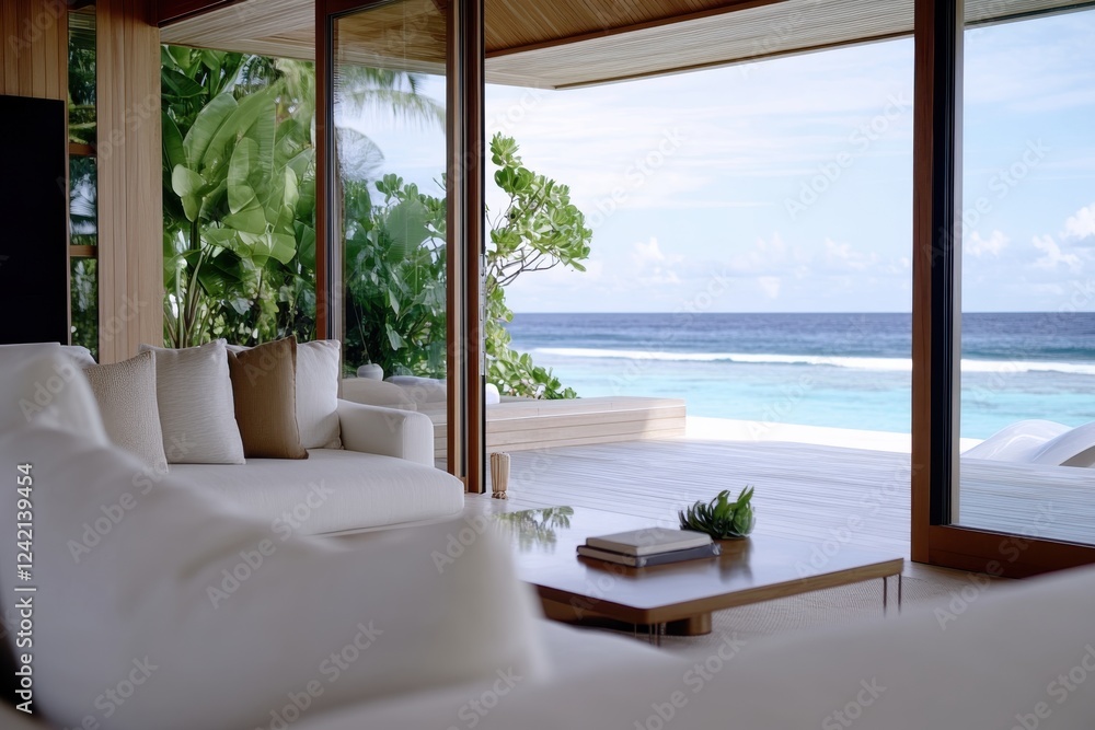 Fototapeta premium A beautifully designed interior presents a cozy space with large glass windows that open to breathtaking ocean views, merging the indoors with nature's splendor.