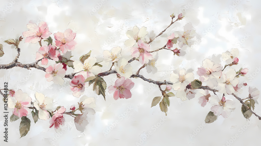 Fototapeta premium Blossoming cherry tree branch adorns a stark white backdrop; delicate pink and white petals dance in full bloom, capturing spring's ephemeral beauty. Ephemeral Aesthetic. Illustration