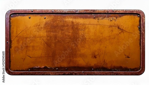 Isolated vintage metal sign with rust and weathered edges, on a white background, perfect for text or branding