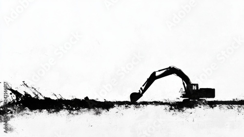 Excavator Machine Silhouette in Minimalist Industrial Landscape Scene