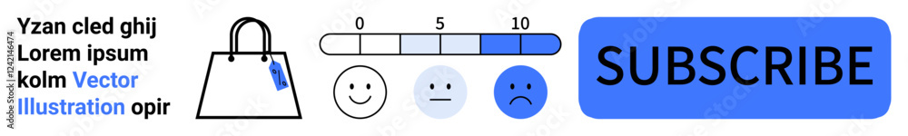 Feedback scale with faces ranging from happy to sad, shopping bag icon, and Subscribe button. Ideal for e-commerce, feedback, marketing, user experience, analytics, subscription flat landing page Feedback scale with faces ranging from happy to sad, shopping bag icon, and Subscribe button. Ideal for e-commerce, feedback, marketing, user experience, analytics, subscription flat landing page