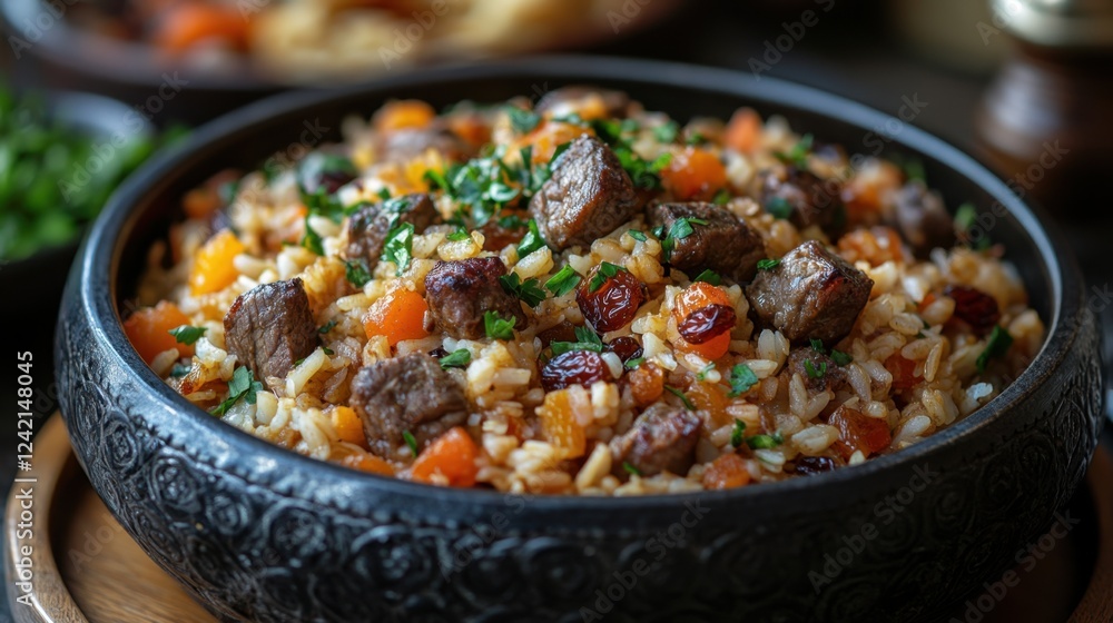 A beautifully plated Uzbek with raisins and lamb A beautifully plated Uzbek with raisins and lamb