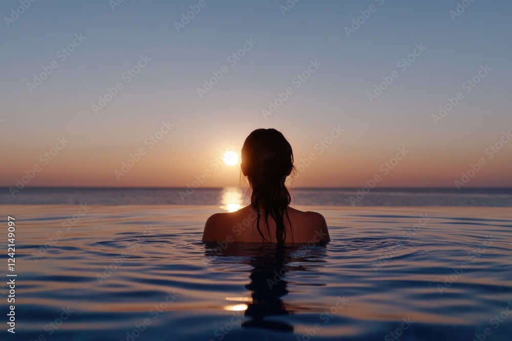 A woman is silhouetted against a breathtaking sunset while submerged in a tranquil pool, radiating peace, relaxation and the beauty of evening moments by the ocean. A woman is silhouetted against a breathtaking sunset while submerged in a tranquil pool, radiating peace, relaxation and the beauty of evening moments by the ocean.