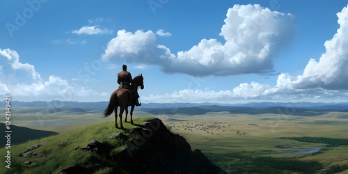 A Mongolian general standing tall on horseback, surveying a battlefield from the top of a hill.


