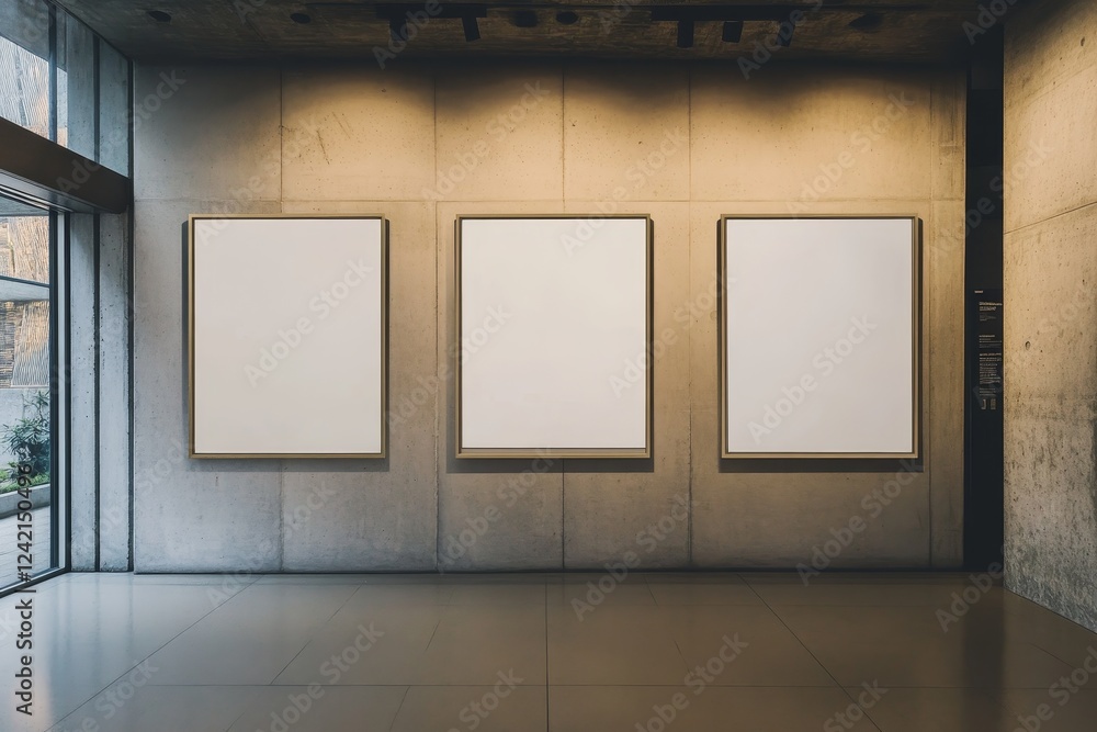 Three blank canvases on a concrete wall in a modern hallway. Three blank canvases on a concrete wall in a modern hallway.