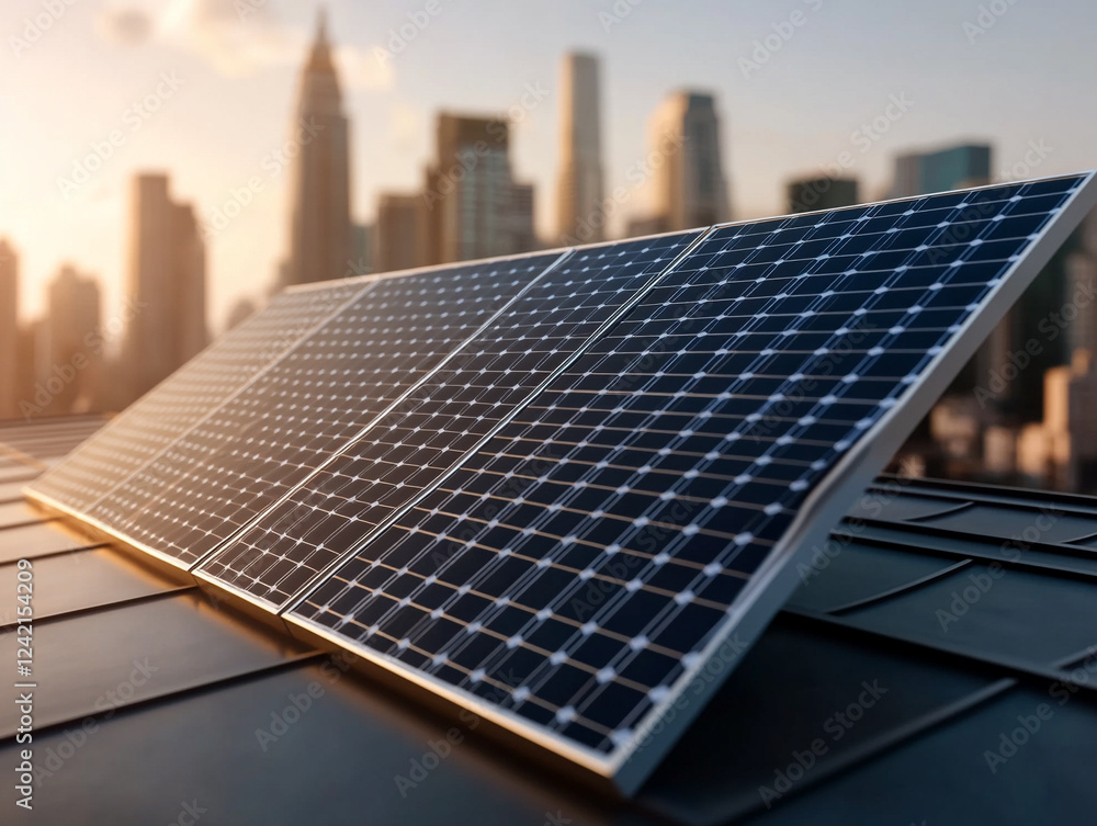 Fototapeta premium Solar panels on a rooftop against a city skyline at sunset.