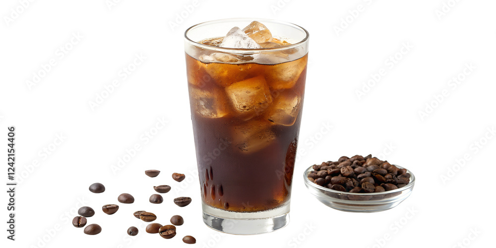 Refreshing iced coffee served in a tall glass with ice and accompanied by coffee beans on a white background Transparent PNG Refreshing iced coffee served in a tall glass with ice and accompanied by coffee beans on a white background Transparent PNG