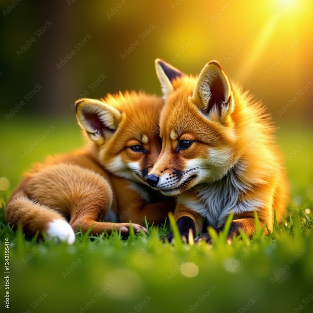 Red foxy pups tumble and roll in the warm sun, playful, fur, beach Red foxy pups tumble and roll in the warm sun, playful, fur, beach