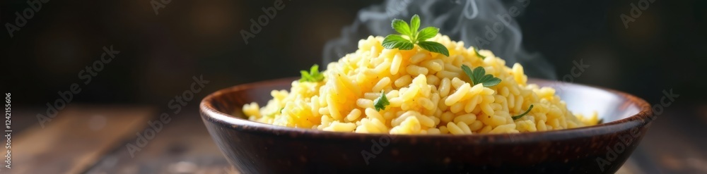 Rice cooked in a traditional Indian black bowl with steam, steamed rice, black bowl, kitchen scene Rice cooked in a traditional Indian black bowl with steam, steamed rice, black bowl, kitchen scene