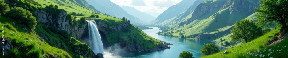 Serene mountain landscape with lush green hills and a gentle waterfall, nature, cabins, waterfall Serene mountain landscape with lush green hills and a gentle waterfall, nature, cabins, waterfall
