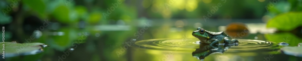 Serene pond scene with frog peeking into water , water lily, nature, serene Serene pond scene with frog peeking into water , water lily, nature, serene