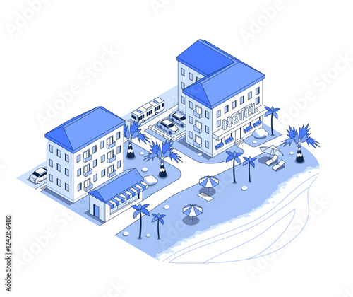 Hotel on the seashore - vector isometric illustration