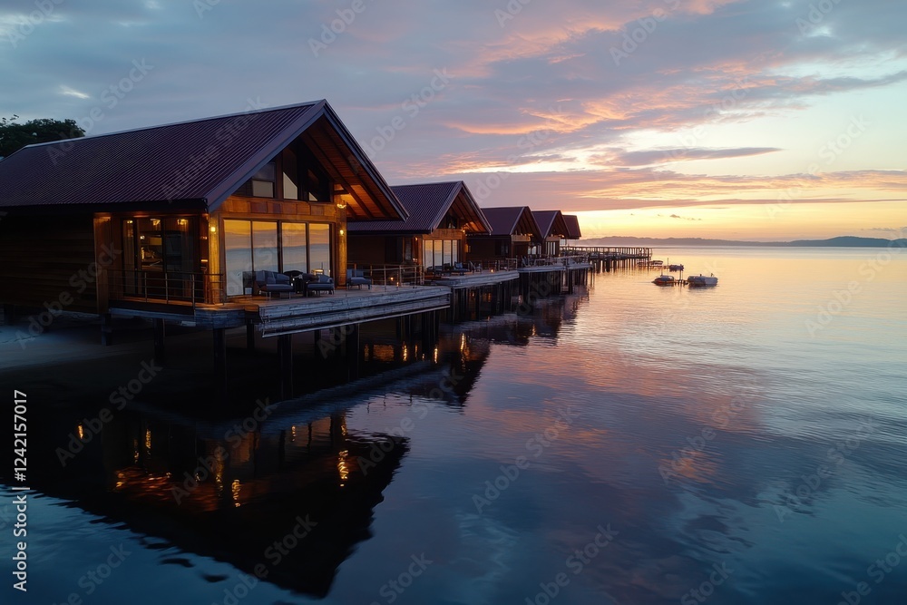 Fototapeta premium This tranquil image showcases stunning overwater villas bathed in the warm glow of sunset, casting beautiful reflections on the calm ocean surface with vibrant colors.