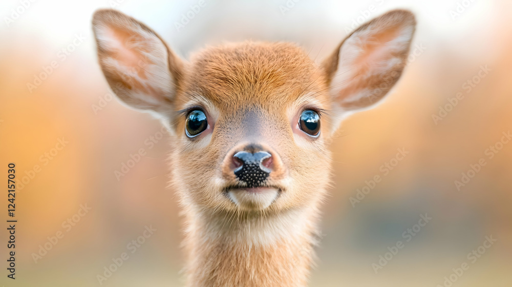 Fototapeta premium Adorable fawn portrait, autumn forest background, wildlife photography, nature calendar