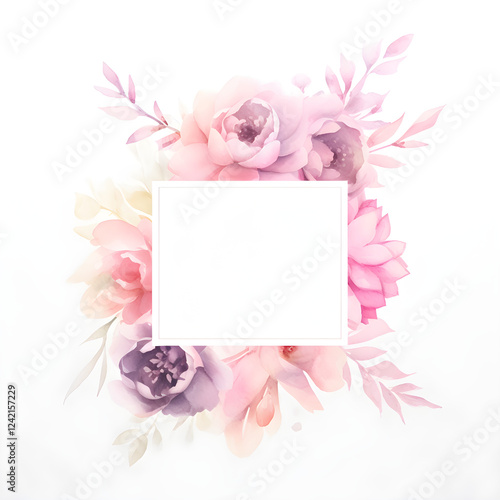 Watercolor floral greeting card. Elegant floral border with soft pastel colors featuring roses, tulips, and orchids for invitations