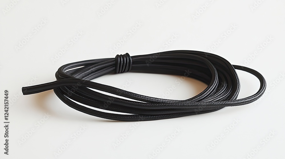 Coiled black braided cable against a plain white background close up Coiled black braided cable against a plain white background close up