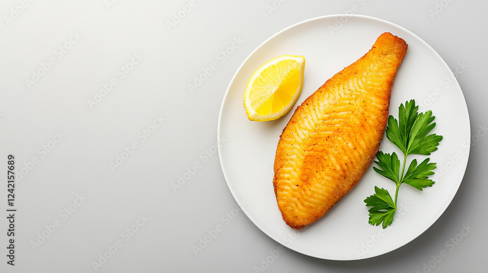 Crispy milanesa served on a white plate with lemon wedge and fresh parsley garnished in natural light setting Crispy milanesa served on a white plate with lemon wedge and fresh parsley garnished in natural light setting