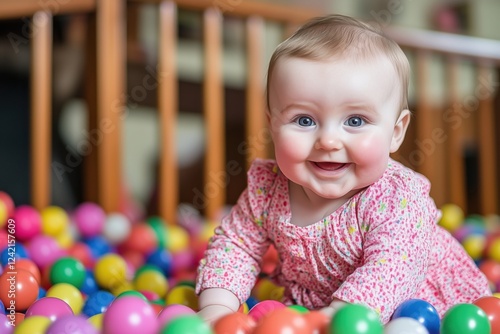 A joyful baby crawling in a colorful ball pit, smiling and enjoying playtime indoors.