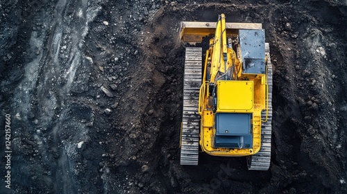 Heavy Excavator in Action at Construction Site Surrounded by Dirt photo