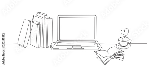 file laptop and books in office one line drawing on isolated white background