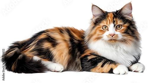 A calico cat with a mix orange, black, and white fur, isolated on white background