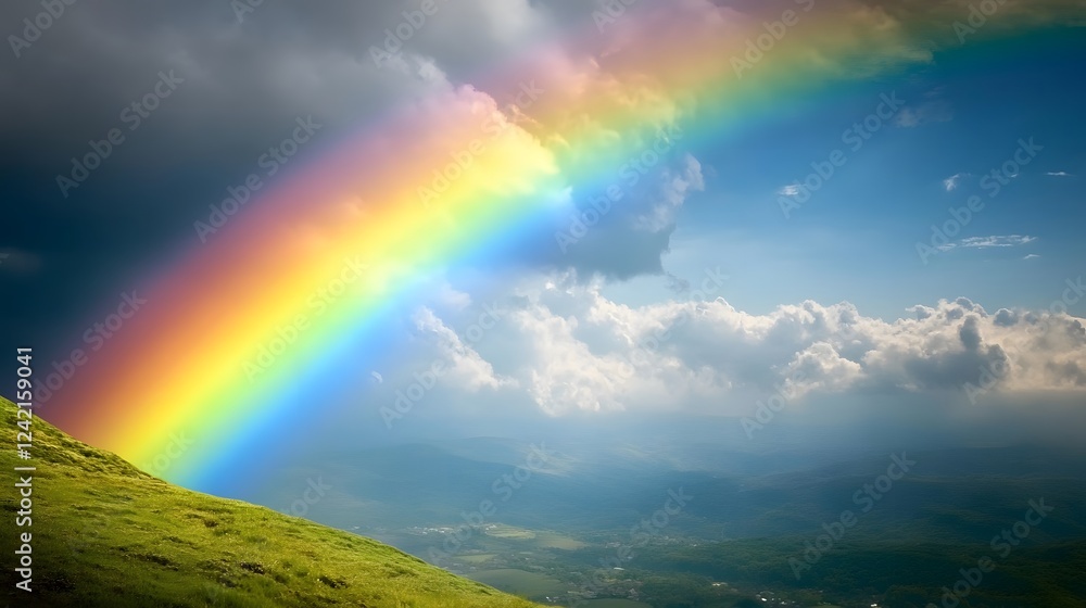 A vibrant rainbow stretches across a dramatic sky, casting its brilliant hues over rolling green hills. A vibrant rainbow stretches across a dramatic sky, casting its brilliant hues over rolling green hills.