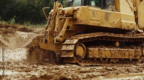 Heavy machinery excavator working in muddy construction site photo