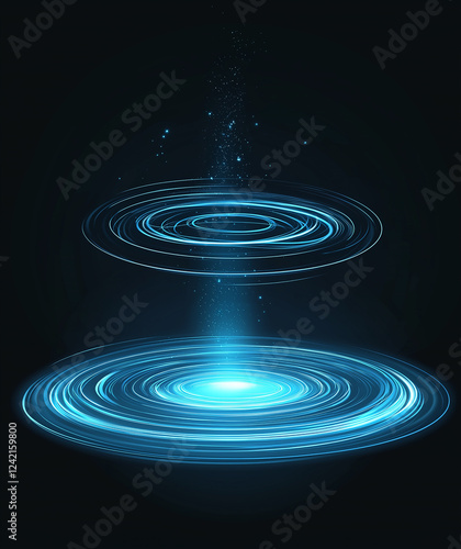 Futuristic glowing blue circles spinning and emitting light particles on blac...