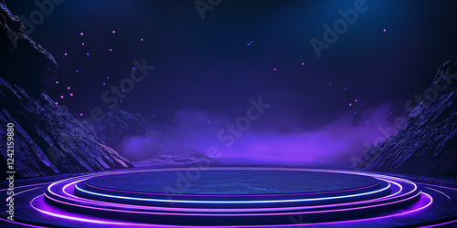 Glowing neon stage illuminating mystical landscape at night