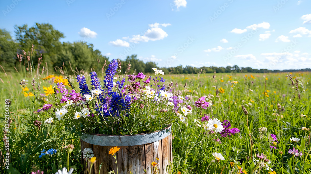 Wildflowers in wooden bucket, sunny meadow, summer day Wildflowers in wooden bucket, sunny meadow, summer day