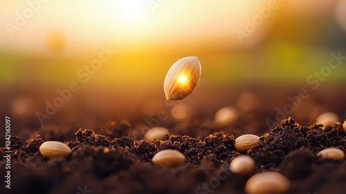 Glowing seed airborne above soil, symbolizing growth and potential