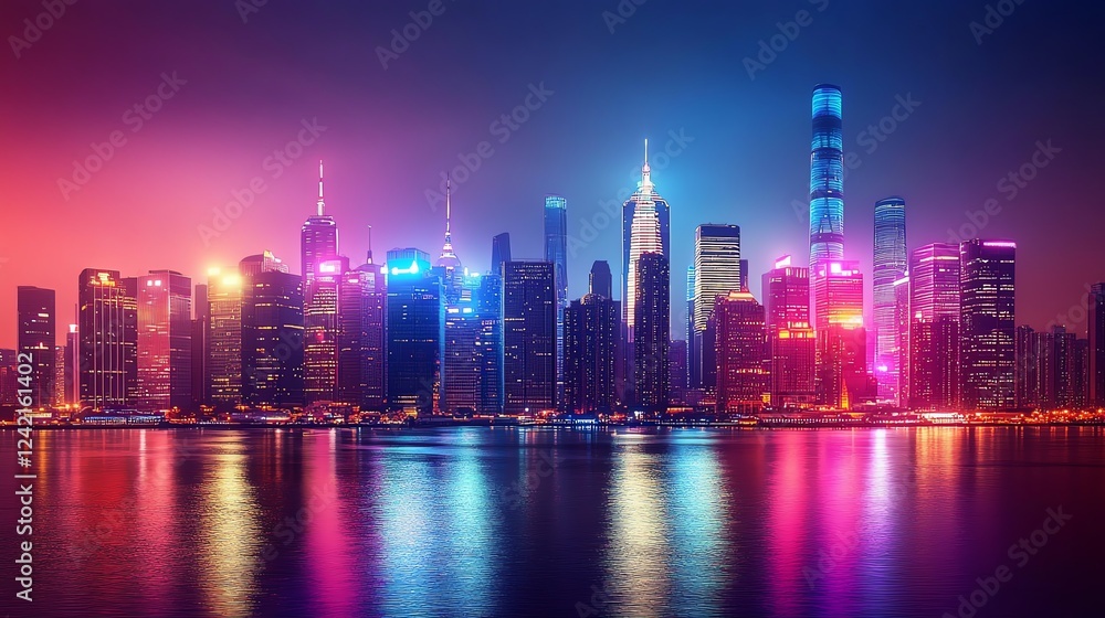 Fototapeta premium Vibrant City Skyline Illuminated at Night With Reflections on Water