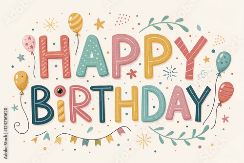 Festive Happy Birthday card design with pastel balloons and confetti