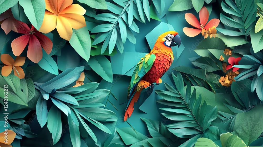 Obraz premium Colorful Parrot Among Vibrant Tropical Foliage and Flowers in a Paper Art Setting